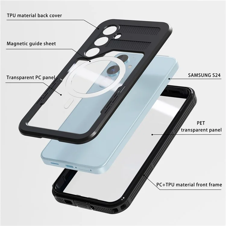 REDPEPPER Funda magnética impermeable IP68 para Samsung Galaxy S24, funda de teléfono transparente - Negro