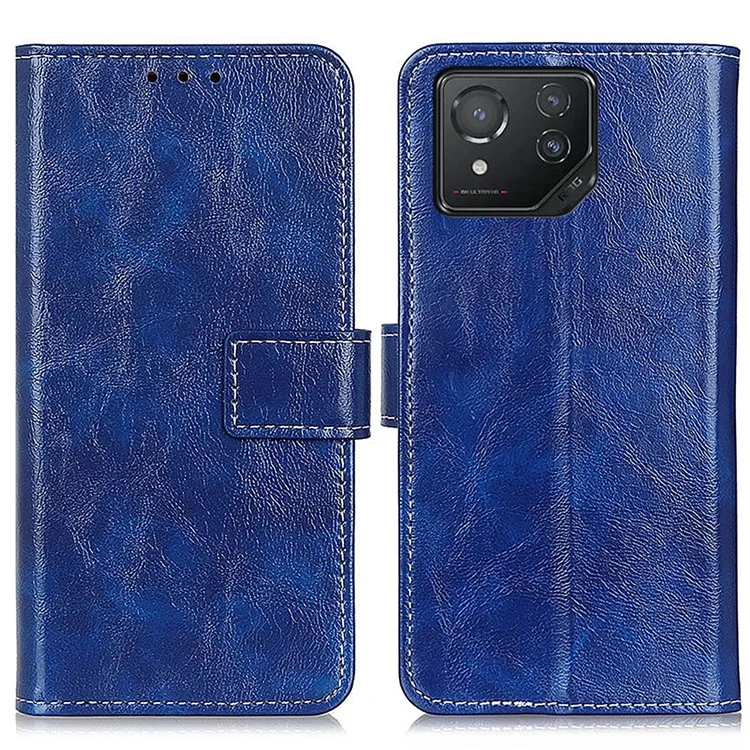 Vintage Case for Asus ROG Phone 8 5G / Phone 8 Pro 5G Shell Crazy Horse Texture Leather Stand Cover - Blue