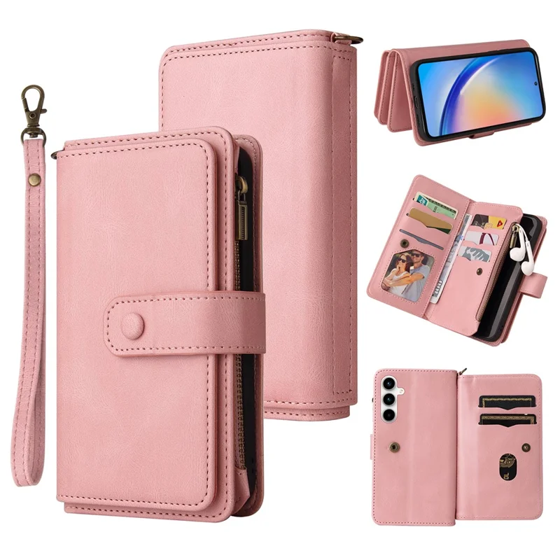 For Samsung Galaxy A35 5G Zipper Wallet Case with 15 Card Slots and Strap Leather Phone Cover - Pink