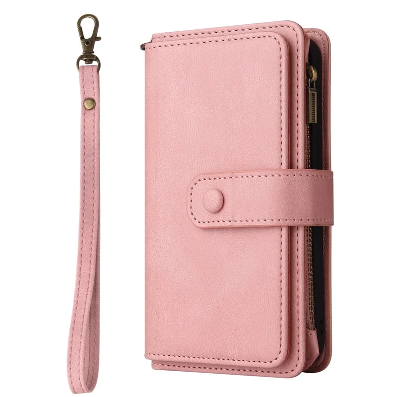 For Samsung Galaxy A35 5G Zipper Wallet Case with 15 Card Slots and Strap Leather Phone Cover - Pink