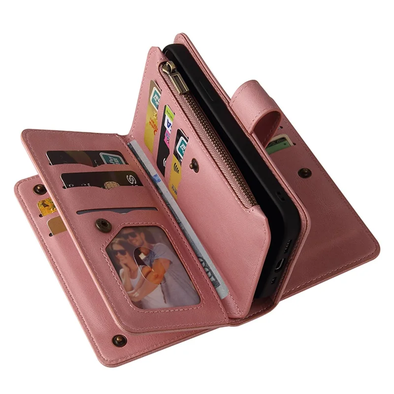 For Samsung Galaxy A35 5G Zipper Wallet Case with 15 Card Slots and Strap Leather Phone Cover - Pink