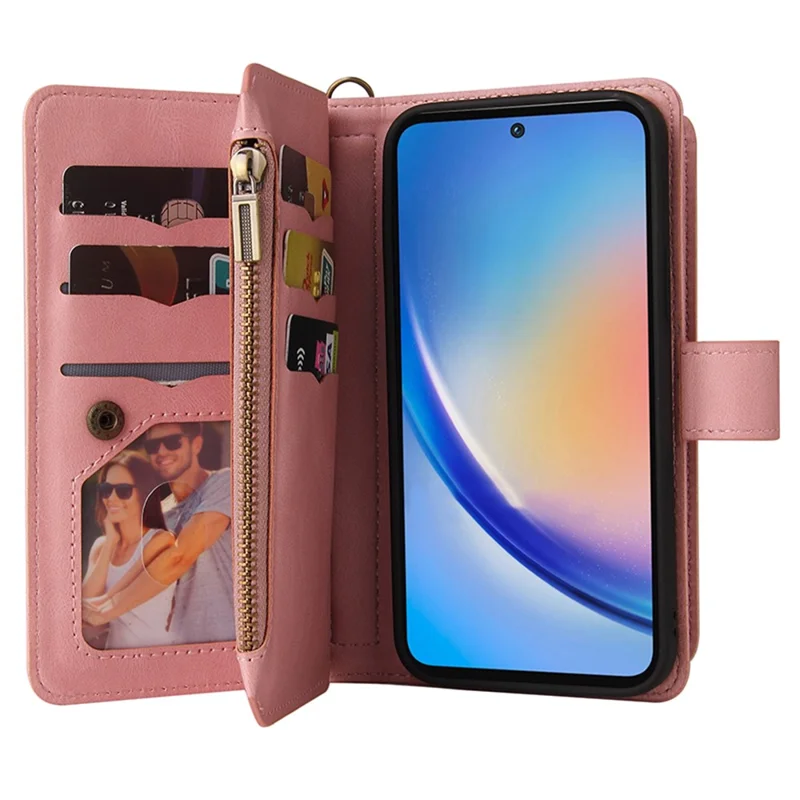 For Samsung Galaxy A35 5G Zipper Wallet Case with 15 Card Slots and Strap Leather Phone Cover - Pink