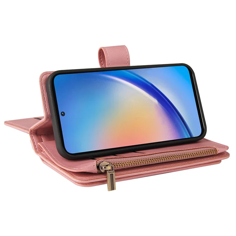 For Samsung Galaxy A35 5G Zipper Wallet Case with 15 Card Slots and Strap Leather Phone Cover - Pink