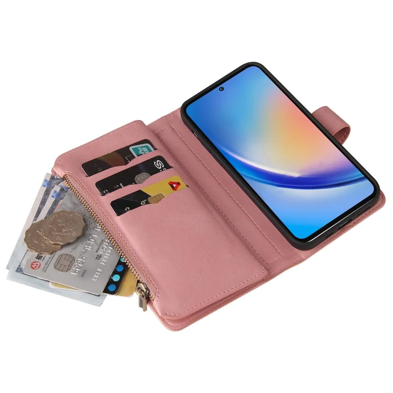 For Samsung Galaxy A35 5G Zipper Wallet Case with 15 Card Slots and Strap Leather Phone Cover - Pink