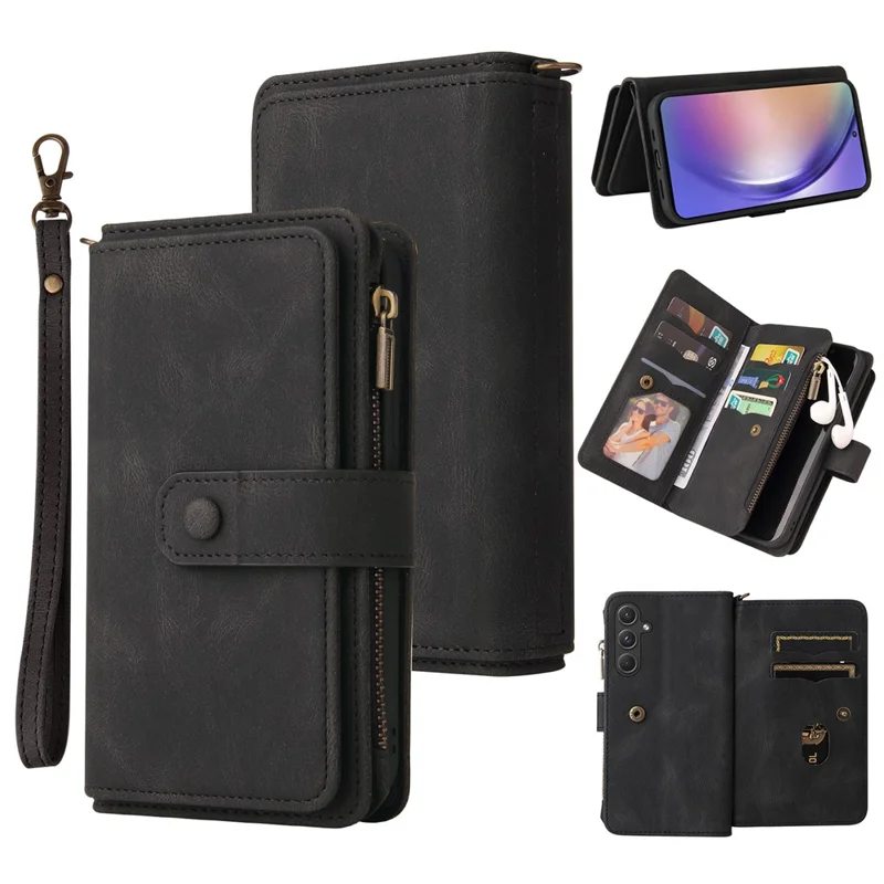 For Samsung Galaxy A55 5G Zipper Wallet Case with 15 Card Slots and Strap Leather Phone Cover - Black