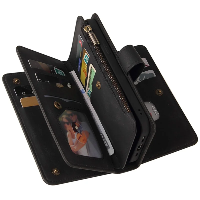 For Samsung Galaxy A55 5G Zipper Wallet Case with 15 Card Slots and Strap Leather Phone Cover - Black