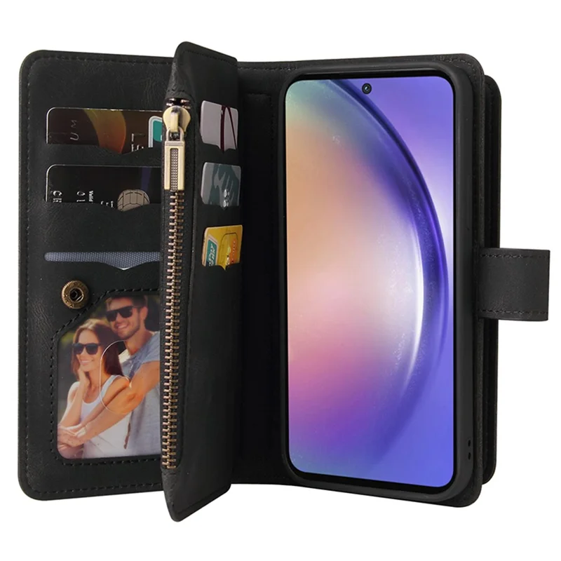 For Samsung Galaxy A55 5G Zipper Wallet Case with 15 Card Slots and Strap Leather Phone Cover - Black