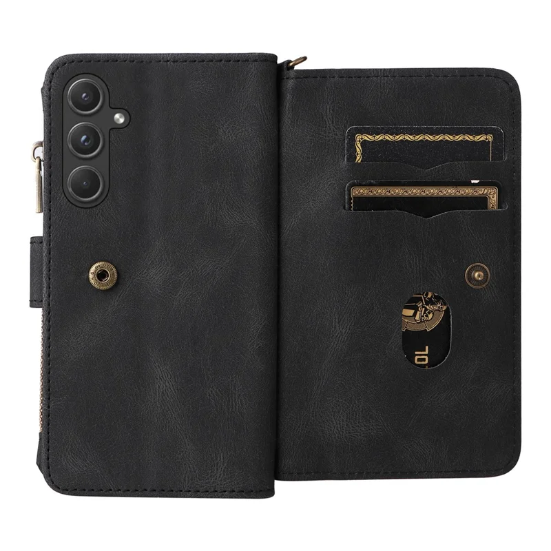 For Samsung Galaxy A55 5G Zipper Wallet Case with 15 Card Slots and Strap Leather Phone Cover - Black
