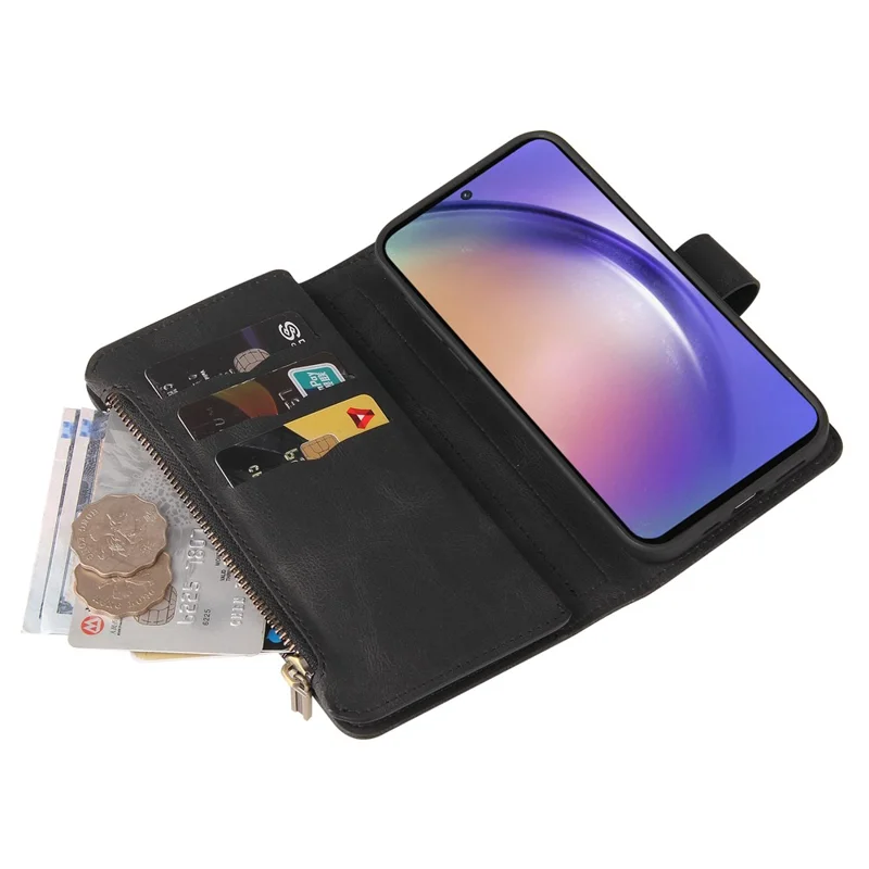 For Samsung Galaxy A55 5G Zipper Wallet Case with 15 Card Slots and Strap Leather Phone Cover - Black