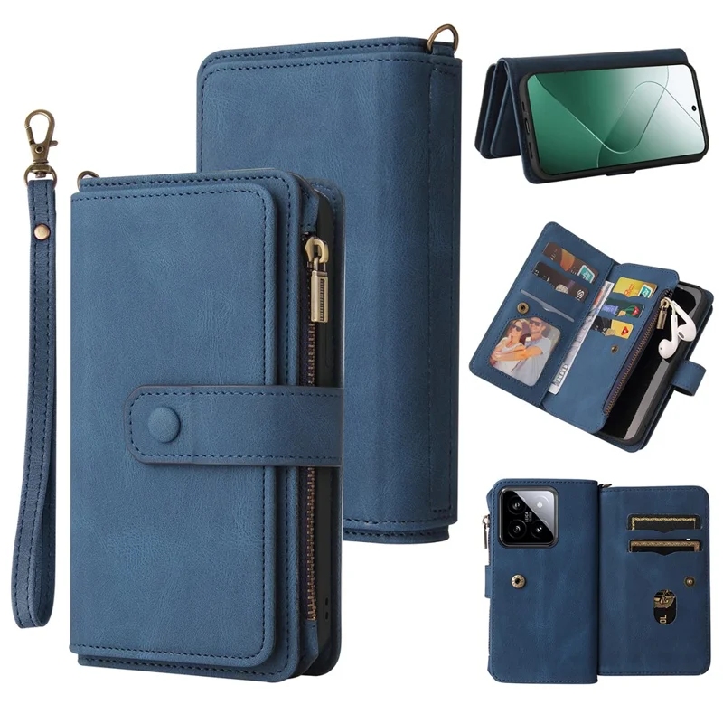 For Xiaomi 14 Zipper Wallet Case with 15 Card Slots and Strap Leather Phone Cover - Blue