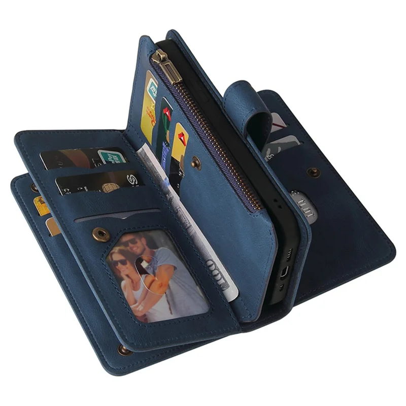 For Xiaomi 14 Zipper Wallet Case with 15 Card Slots and Strap Leather Phone Cover - Blue