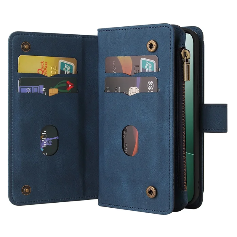For Xiaomi 14 Zipper Wallet Case with 15 Card Slots and Strap Leather Phone Cover - Blue