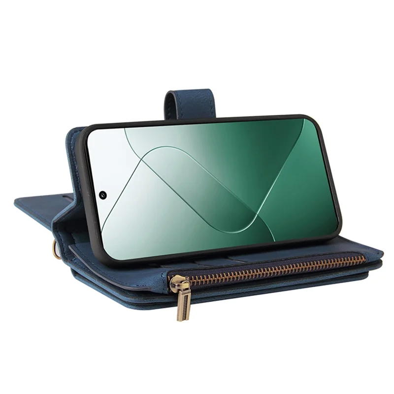 For Xiaomi 14 Zipper Wallet Case with 15 Card Slots and Strap Leather Phone Cover - Blue