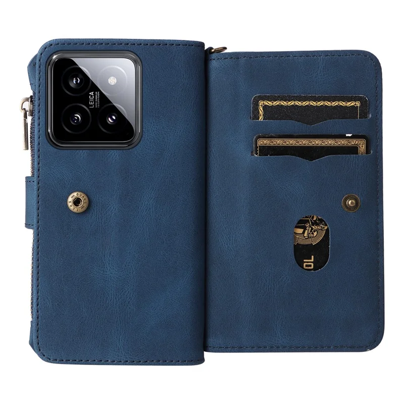 For Xiaomi 14 Zipper Wallet Case with 15 Card Slots and Strap Leather Phone Cover - Blue