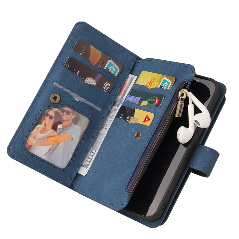For Xiaomi 14 Zipper Wallet Case with 15 Card Slots and Strap Leather Phone Cover - Blue