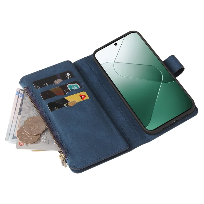 For Xiaomi 14 Zipper Wallet Case with 15 Card Slots and Strap Leather Phone Cover - Blue