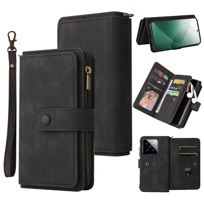 For Xiaomi 14 Zipper Wallet Case with 15 Card Slots and Strap Leather Phone Cover - Black