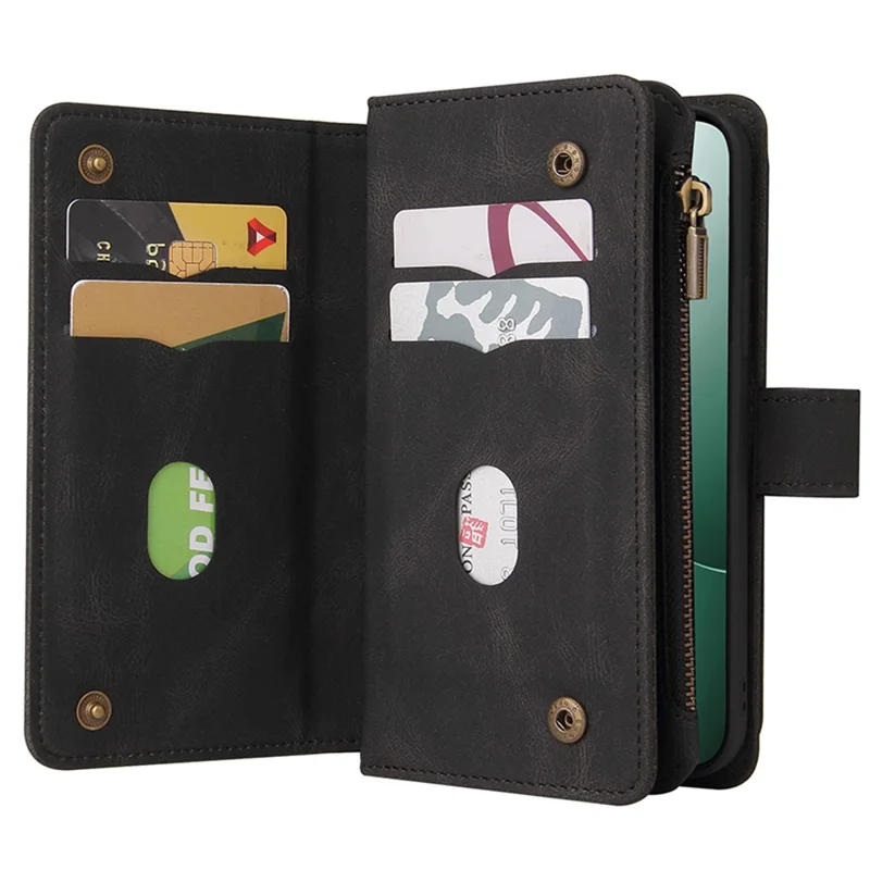 For Xiaomi 14 Zipper Wallet Case with 15 Card Slots and Strap Leather Phone Cover - Black