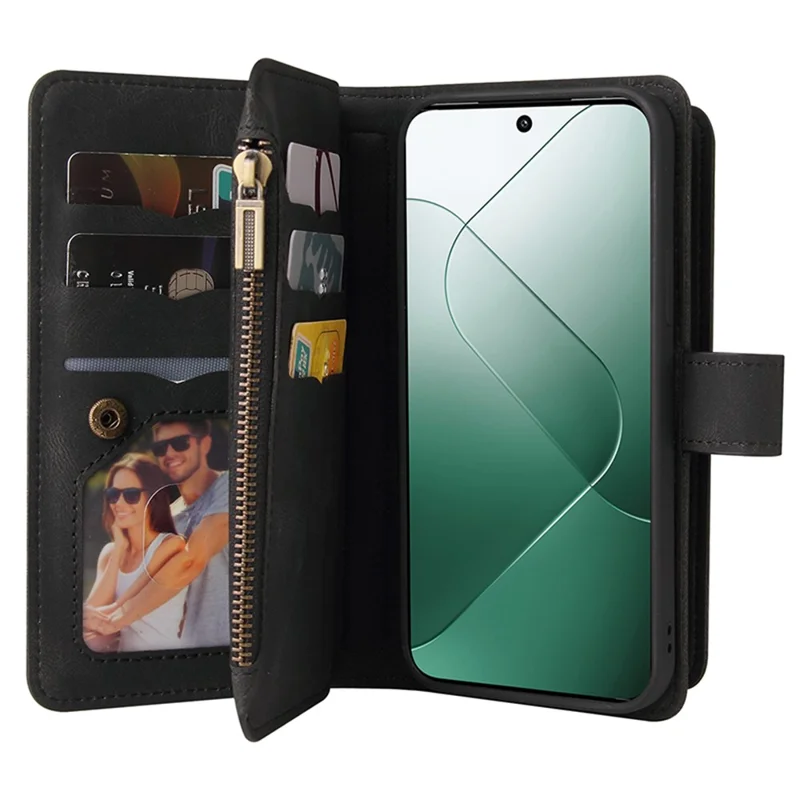 For Xiaomi 14 Zipper Wallet Case with 15 Card Slots and Strap Leather Phone Cover - Black