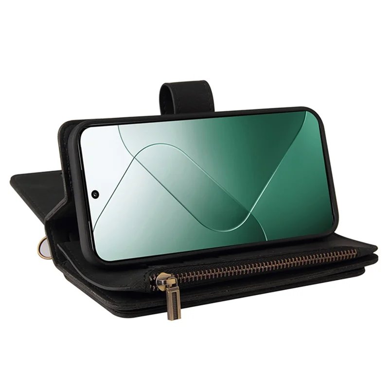 For Xiaomi 14 Zipper Wallet Case with 15 Card Slots and Strap Leather Phone Cover - Black