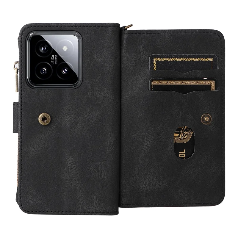 For Xiaomi 14 Zipper Wallet Case with 15 Card Slots and Strap Leather Phone Cover - Black