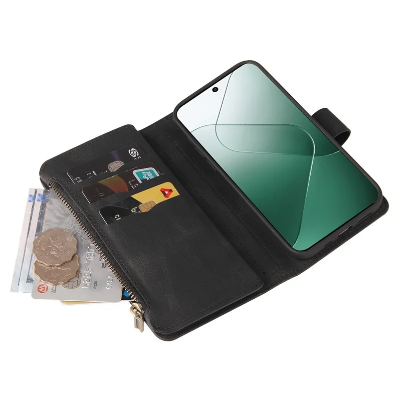 For Xiaomi 14 Zipper Wallet Case with 15 Card Slots and Strap Leather Phone Cover - Black