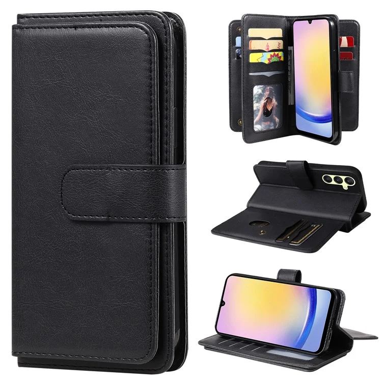 For Samsung Galaxy A25 5G (Global) Leather Case with 10 Card Holder Phone Cover Stand - Black