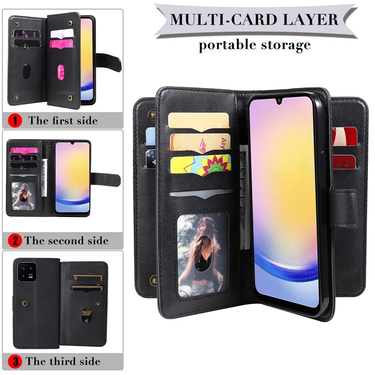 For Samsung Galaxy A25 5G (Global) Leather Case with 10 Card Holder Phone Cover Stand - Black