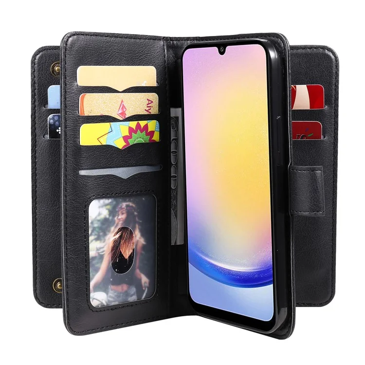For Samsung Galaxy A25 5G (Global) Leather Case with 10 Card Holder Phone Cover Stand - Black