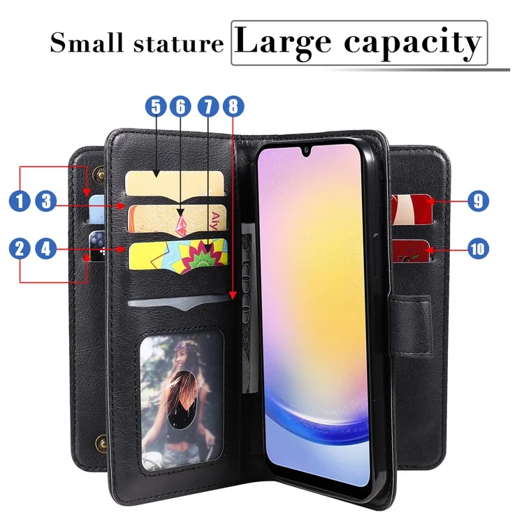 For Samsung Galaxy A25 5G (Global) Leather Case with 10 Card Holder Phone Cover Stand - Black