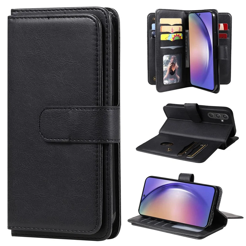 For Samsung Galaxy A55 5G Leather Case with 10 Card Holder Phone Cover Stand - Black