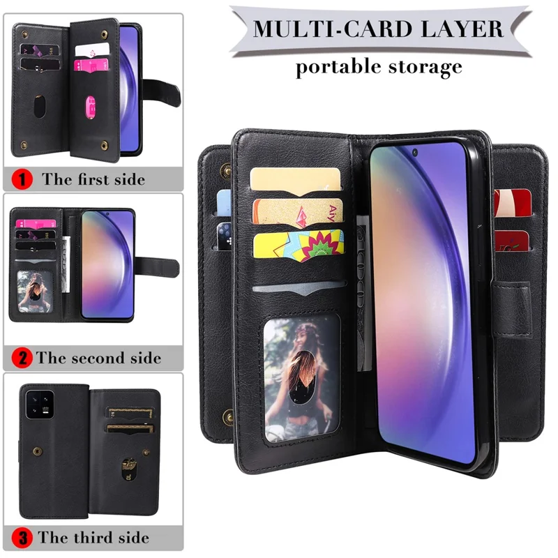 For Samsung Galaxy A55 5G Leather Case with 10 Card Holder Phone Cover Stand - Black