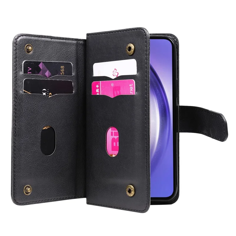 For Samsung Galaxy A55 5G Leather Case with 10 Card Holder Phone Cover Stand - Black