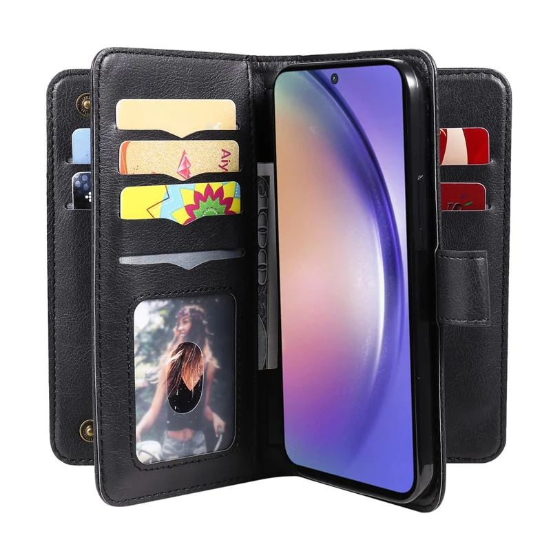 For Samsung Galaxy A55 5G Leather Case with 10 Card Holder Phone Cover Stand - Black