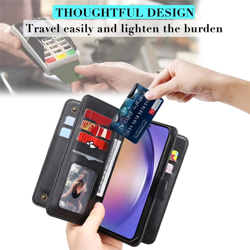 For Samsung Galaxy A55 5G Leather Case with 10 Card Holder Phone Cover Stand - Black