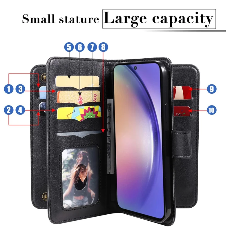 For Samsung Galaxy A55 5G Leather Case with 10 Card Holder Phone Cover Stand - Black