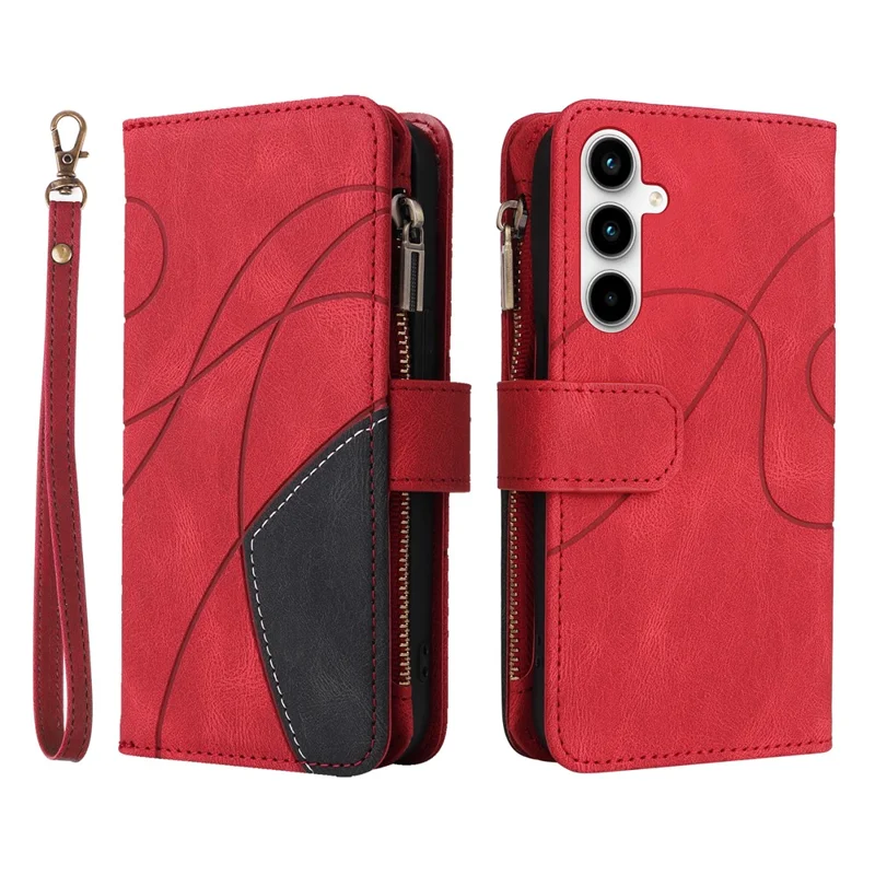 For Samsung Galaxy A35 5G Leather Case with Strap Zipper 9 Card Slot Phone Cover Stand - Red
