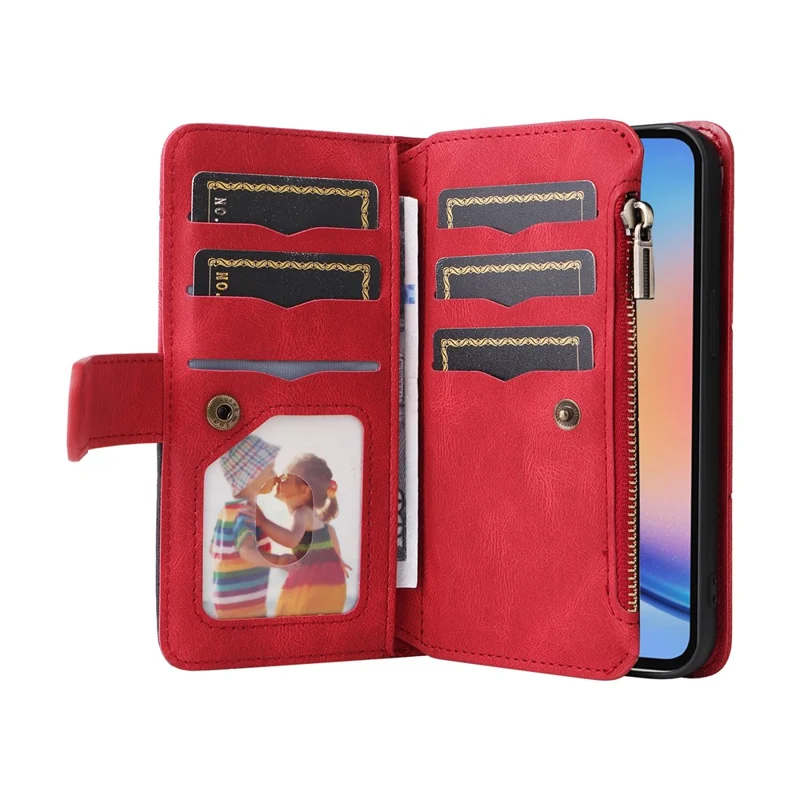 For Samsung Galaxy A35 5G Leather Case with Strap Zipper 9 Card Slot Phone Cover Stand - Red