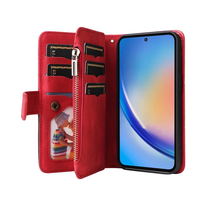 For Samsung Galaxy A35 5G Leather Case with Strap Zipper 9 Card Slot Phone Cover Stand - Red