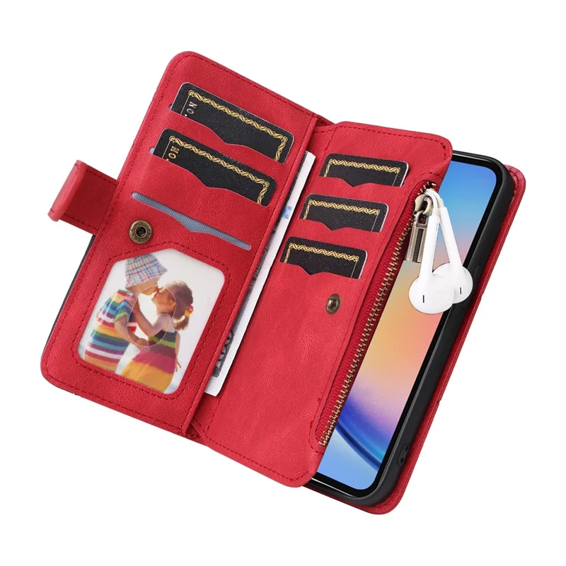 For Samsung Galaxy A35 5G Leather Case with Strap Zipper 9 Card Slot Phone Cover Stand - Red