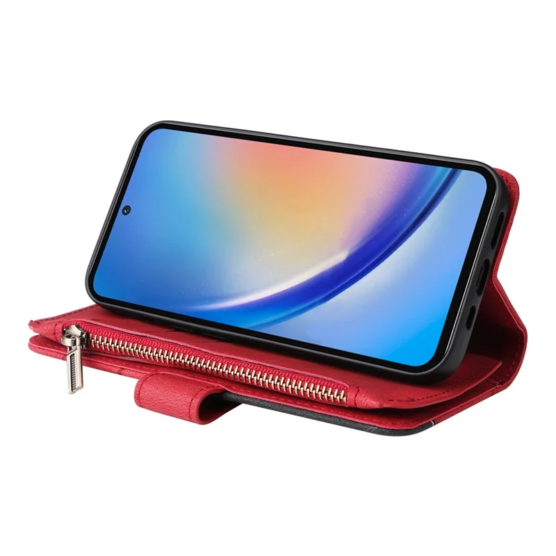 For Samsung Galaxy A35 5G Leather Case with Strap Zipper 9 Card Slot Phone Cover Stand - Red