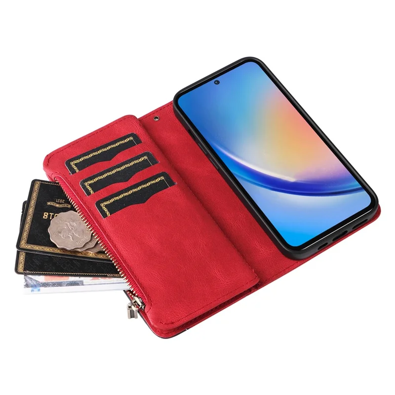 For Samsung Galaxy A35 5G Leather Case with Strap Zipper 9 Card Slot Phone Cover Stand - Red