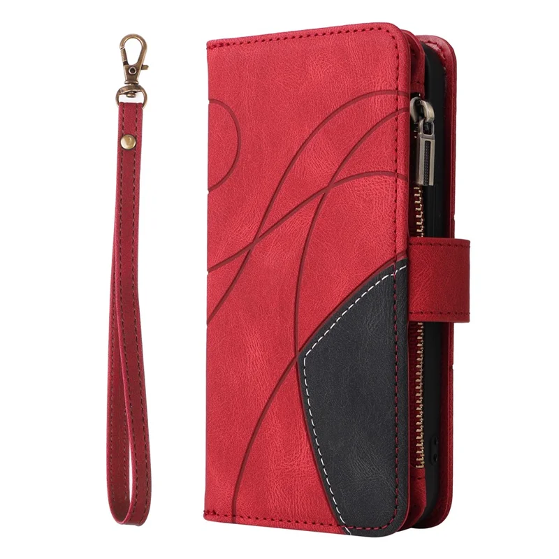For Samsung Galaxy A35 5G Leather Case with Strap Zipper 9 Card Slot Phone Cover Stand - Red