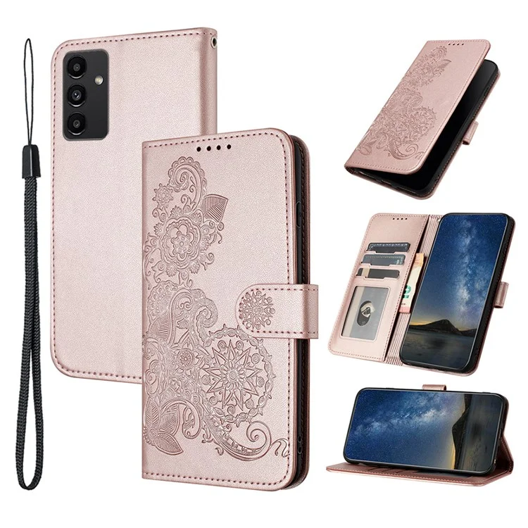 For Samsung Galaxy A15 5G Phone Cases Mandala Flower Leather Wallet Mobile Cover with Strap - Rose Gold