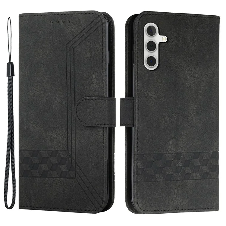 For Samsung Galaxy A15 5G Phone Case with Strap Imprint PU Leather Wallet Stand Cover - Black
