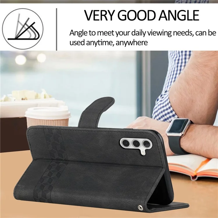 For Samsung Galaxy A15 5G Phone Case with Strap Imprint PU Leather Wallet Stand Cover - Black
