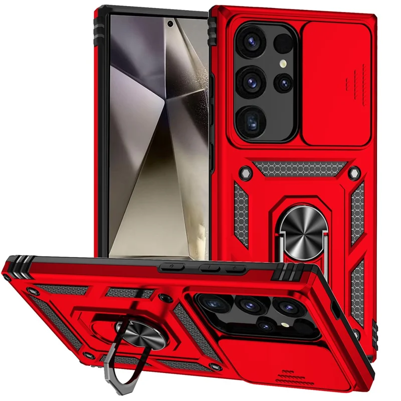 For Samsung Galaxy S24 Ultra Case Kickstand Phone Cover with Slide Lens Protection - Red