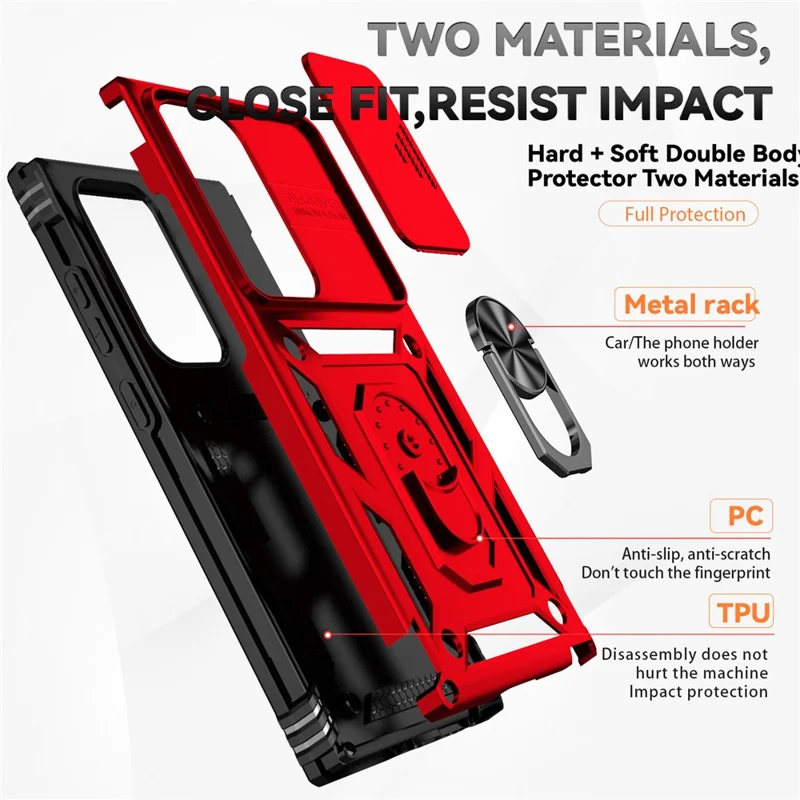 For Samsung Galaxy S24 Ultra Case Kickstand Phone Cover with Slide Lens Protection - Red
