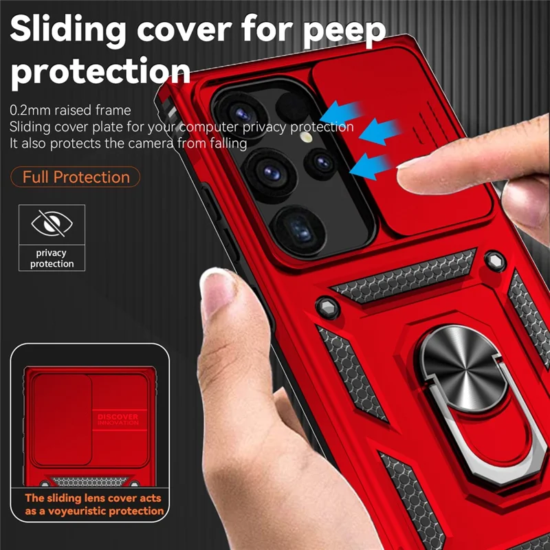 For Samsung Galaxy S24 Ultra Case Kickstand Phone Cover with Slide Lens Protection - Red
