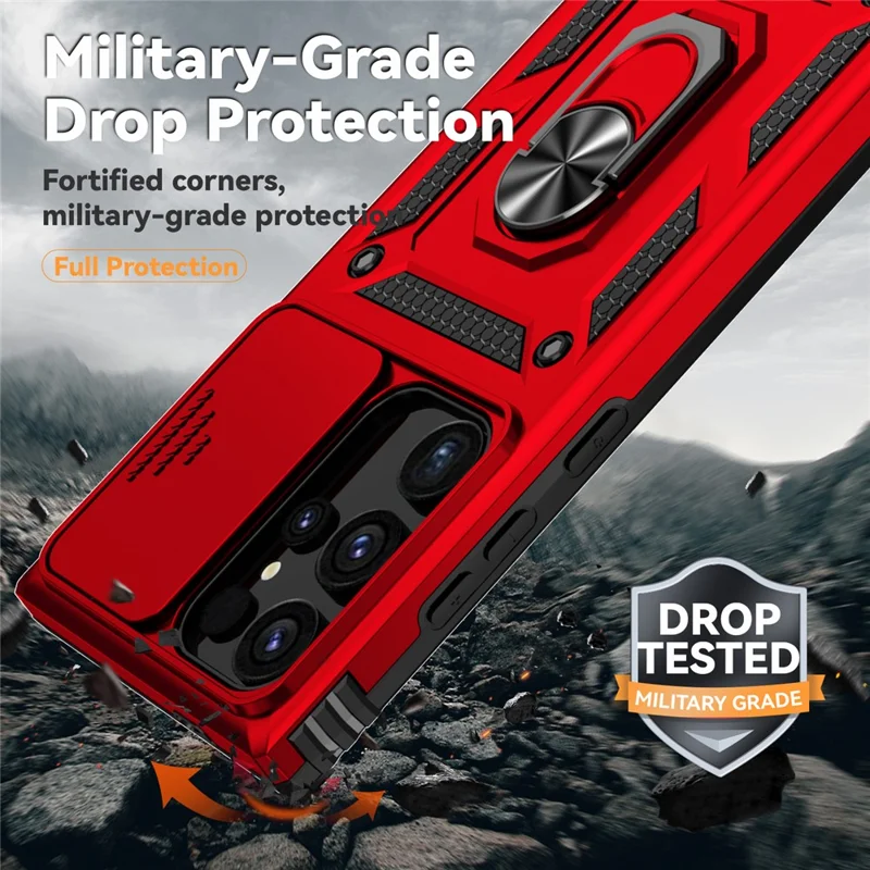 For Samsung Galaxy S24 Ultra Case Kickstand Phone Cover with Slide Lens Protection - Red